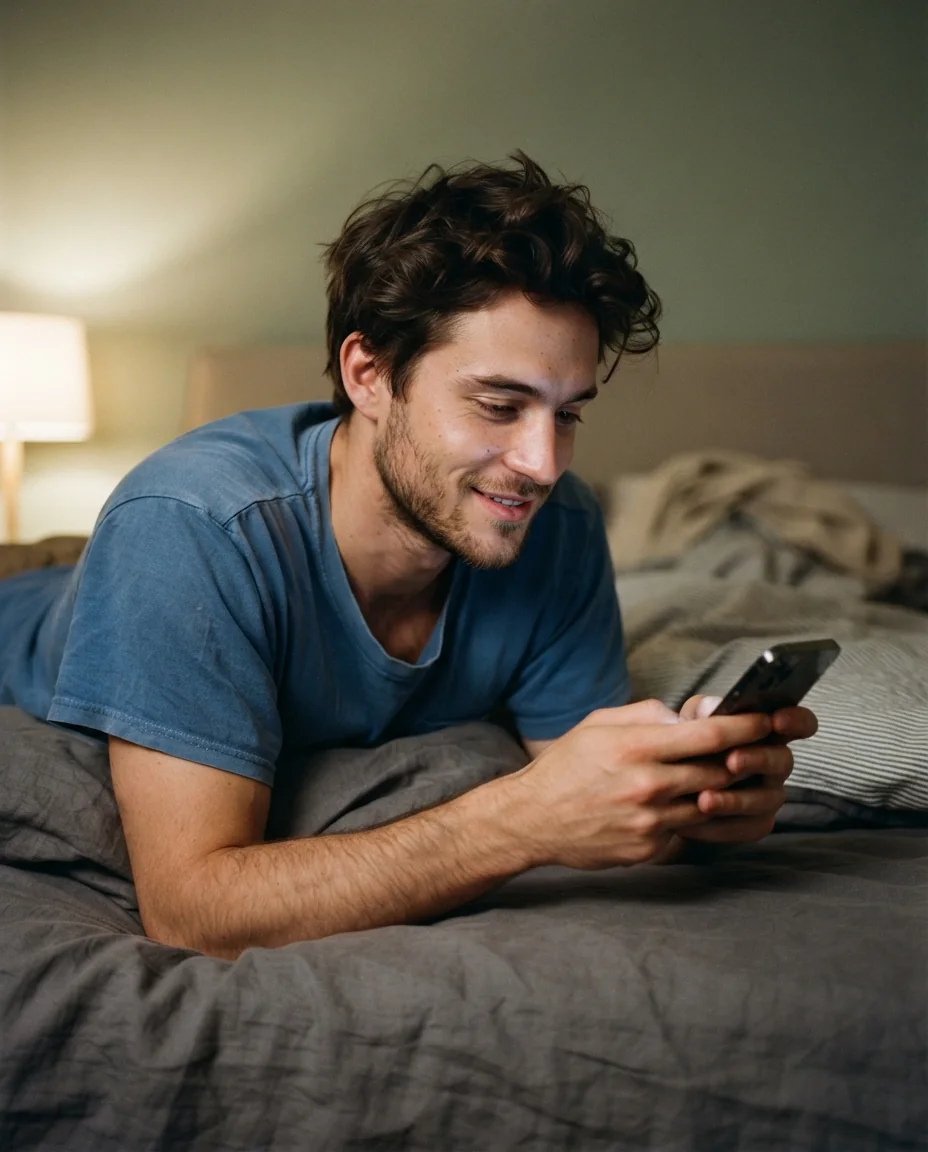 Smiling man lying on his bed reading a message on his phone