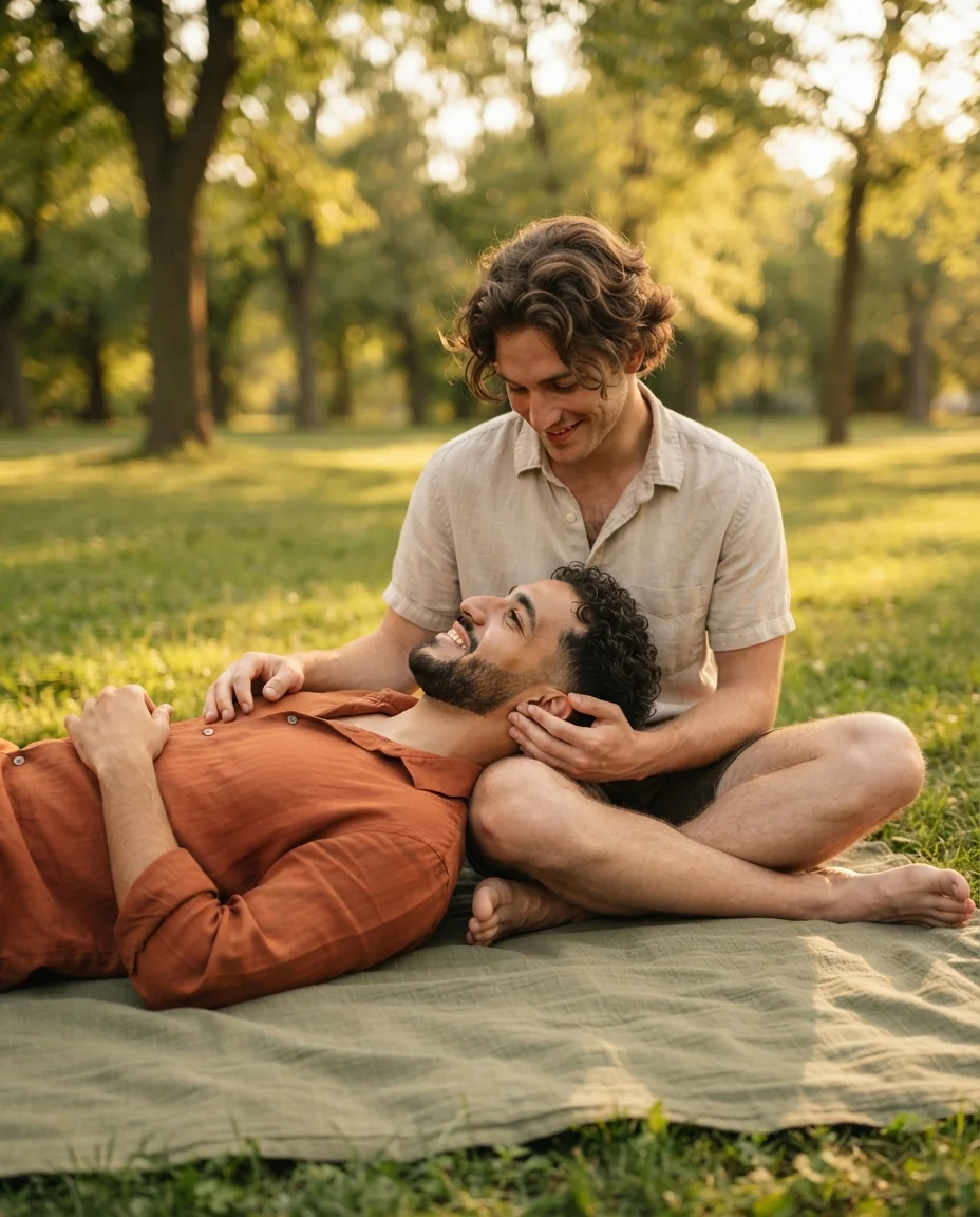 Gay couple having a picnic in a park