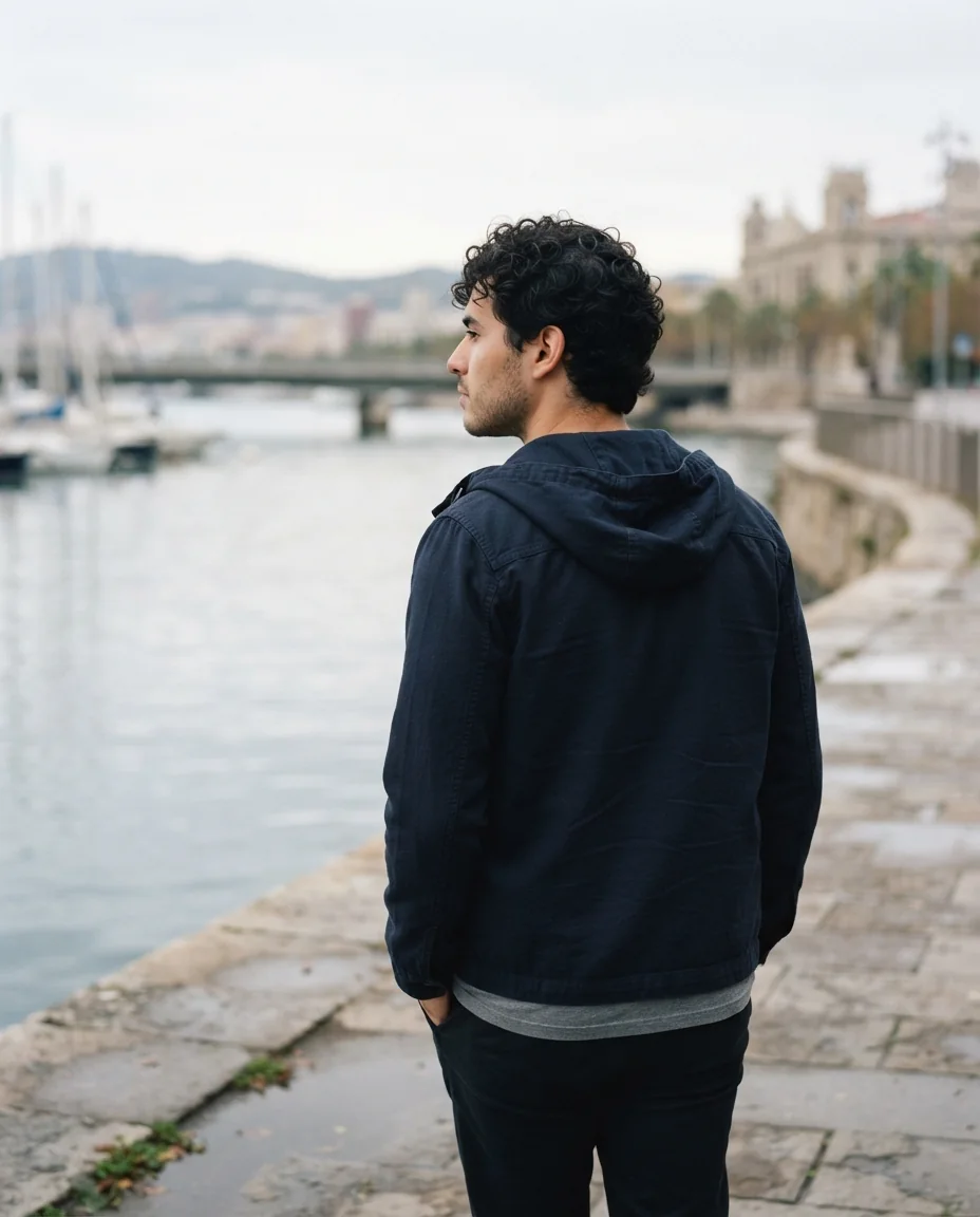 Homme de dos au bord de l’eau, visage non visible